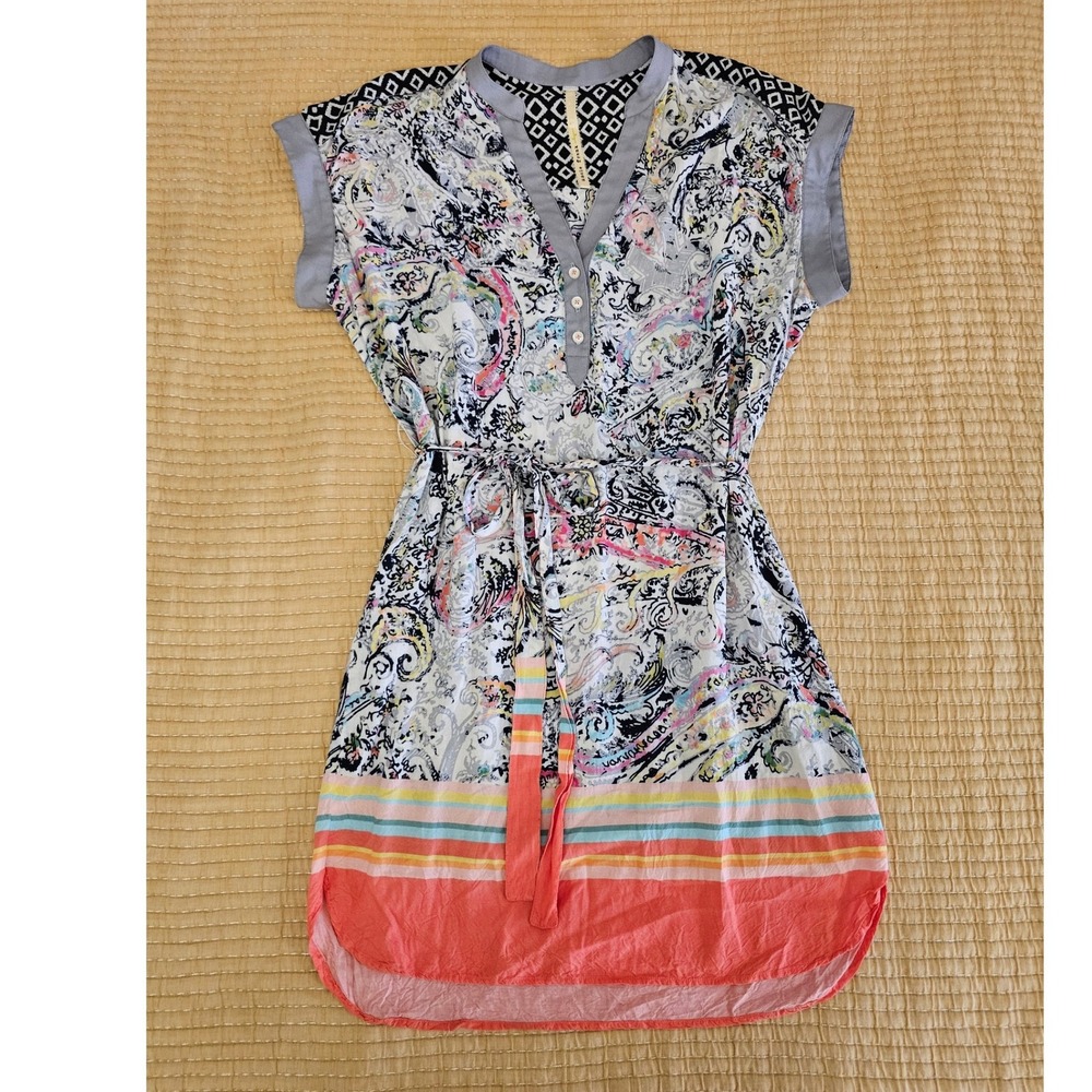 Uncle Frank Mixed Print Paisley Striped Tunic Dress Coral Gray Lightweight Beach